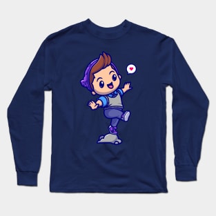 Cute Boy Stepping On The Rock Cartoon Long Sleeve T-Shirt